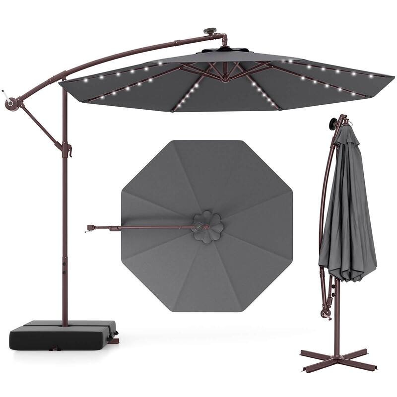 Costway Patio 10FT Hanging Offset Umbrella 32 LED Lights Sand Bag - Dark Gray