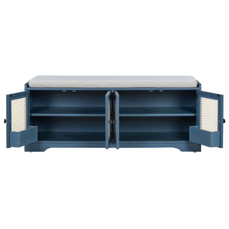 Roomfitters Large Entryway Storage Bench, Boho Rattan Cabinet, Shoe Organizer Seat, Adjustable Shelves