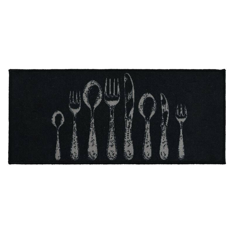 Chic Cutlery Print Wool-Effect Kitchen Mat and Runner Rug - Runner Rug 48" L x 20" W - Black/Gray