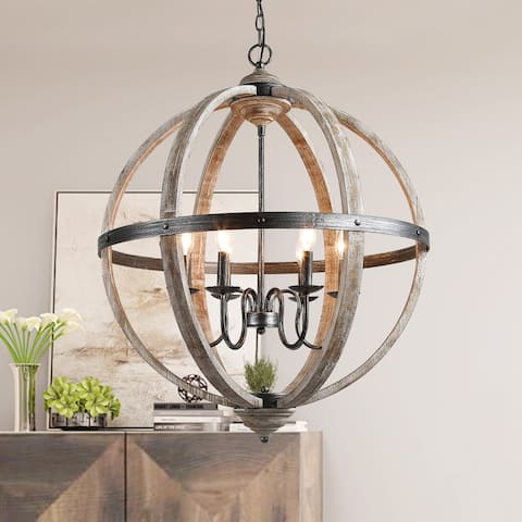 Farmhouse Distressed Wood Globe Chandelier Hanging Light for Dining Room