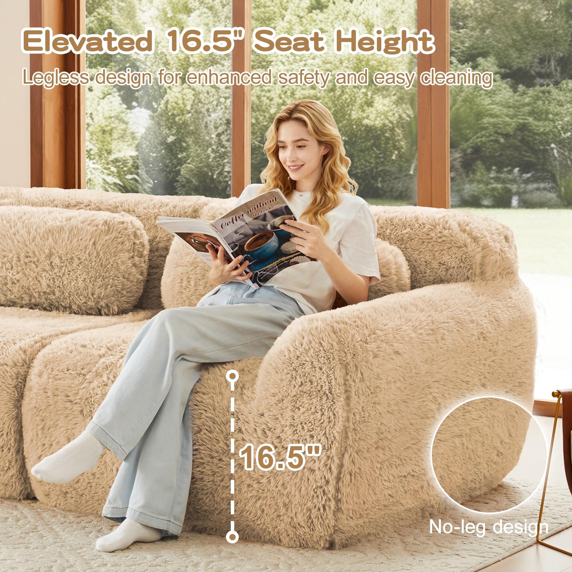 2-Seater Modular Plush Sofa with Fluffy Upholstery, Anti-Slip Base