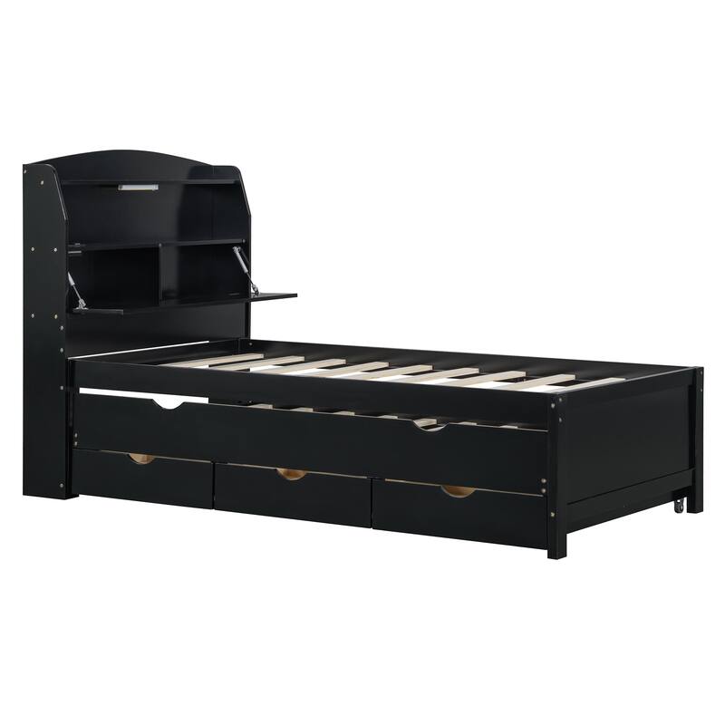 Full Platform Bed with Pull-Out Trundle, LED Headboard Lighting, USB Charging Ports, Flip-Up Storage, and Under-Bed Drawers