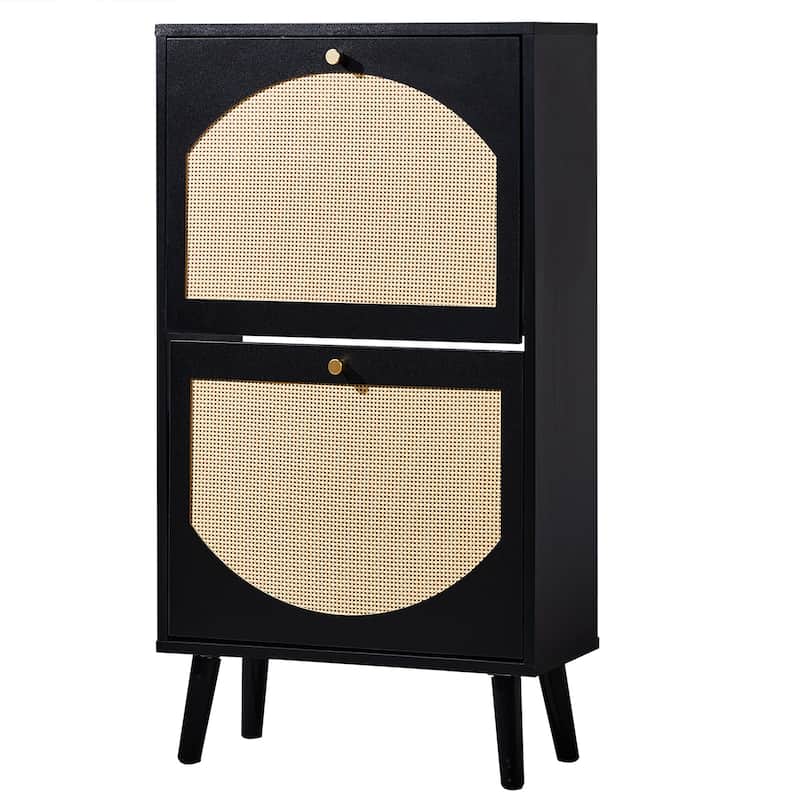 Black Flip Down Shoe Cabinet with Rattan Style Fronts Elevated Legs and Space Saving Storage for Home Entryway