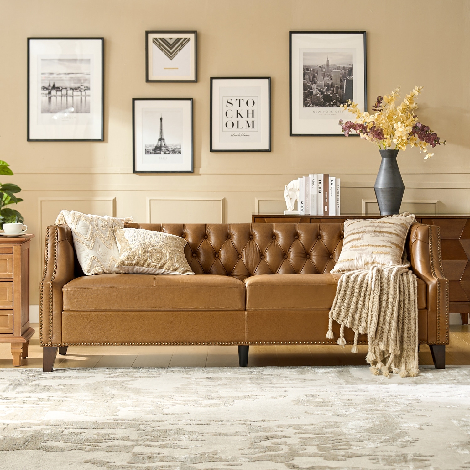 HULALA HOME Eugène Transitional Genuine Leather Tufted Design Sofa with Solid Wood Legs