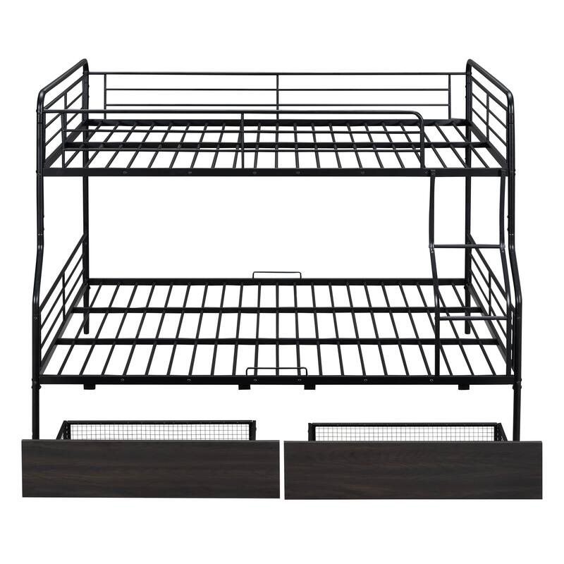 Full XL Over Queen Metal Bunk Bed with Drawers and Guardrail, Convertible to Two Beds