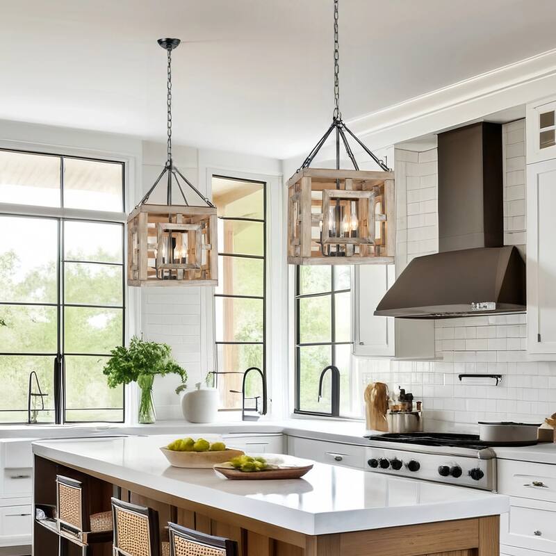 Farmhouse 4-Light Lantern Chandelier Rustic Square Wood Pendant Light - W13.5"xD13.5"xH13.5"