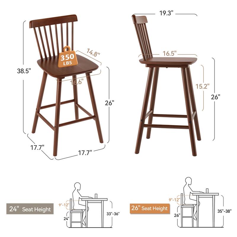 26 in. Modern Wooden Bar Stools with Slat Back Windsor-Style Solid Wood Counter Stools - 17.7 in. W x 17.7 in. D x 38.5 in. H