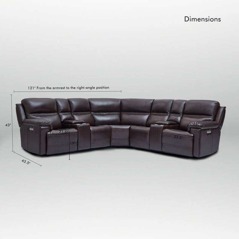 7PCS, 2 power Recliners, Dual-Power Genuine Leather Reclining Sectional with Console, Zero Gravity
