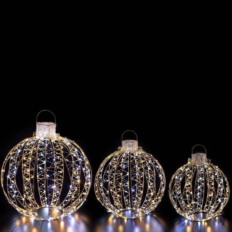 LED Lighted 3D Beaded Ball Ornament Outdoor Christmas Decorations - Candlelight Clear - Set of 3 - Gold