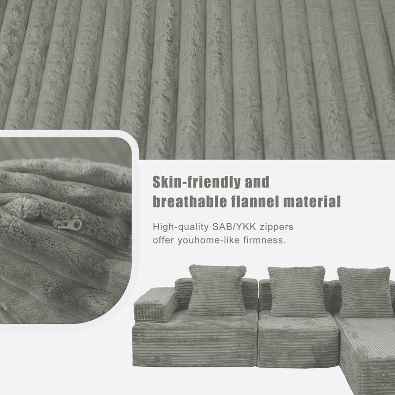 Compression Sectional Sofa with L Shape Chaise, Corduroy Deep Seat Boneless Couches, Modular 3 Seat Corner Sofa