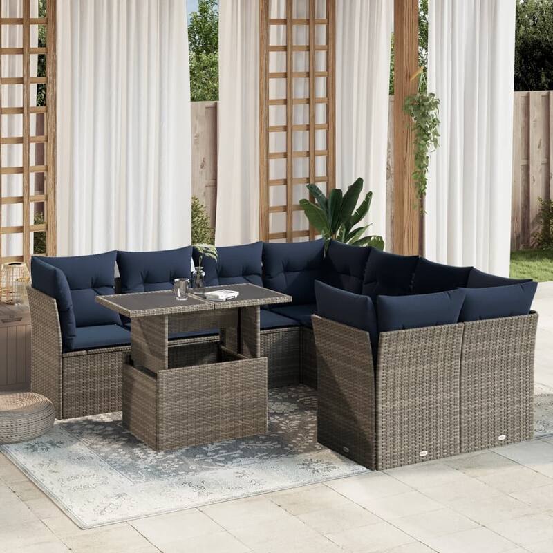 vidaXL Patio Sofa Set with Cushions Modular Outdoor Seating 9 Piece Poly Rattan - 24.4 x 24.4 x 27.2 - Gray without storage