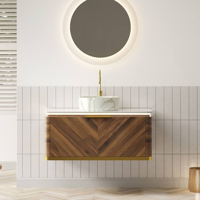 GDFStudio - Dipa Modern 36" Floating Bathroom Vanity with Drawer, Sensor Light & Marble Pattern Ceramic Basin, WITHOUT Faucet - Dark Walnut