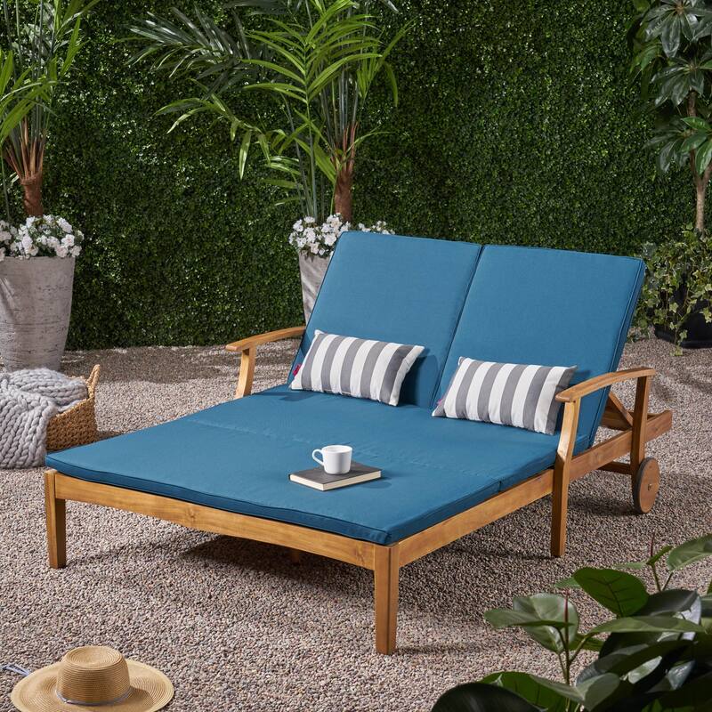 Outdoor Adjustable Double Chaise Lounge Patio Poolside Seating with Water-Resistant Cushions - Teak