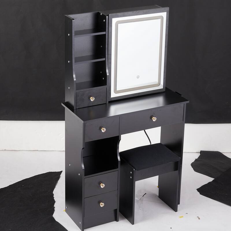 29.2" Compact Left-Drawer Vanity Table with LED Mirror and Stool
