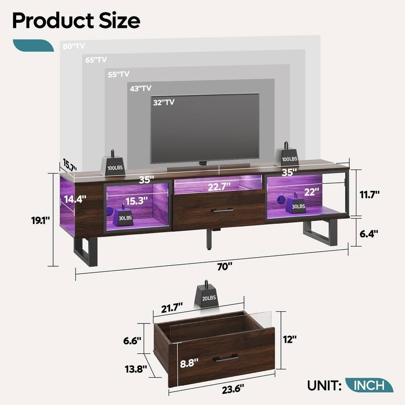 70" Led TV Stand for 75/80 inch TV, Glossy Media Console with Half-Glass Drawer