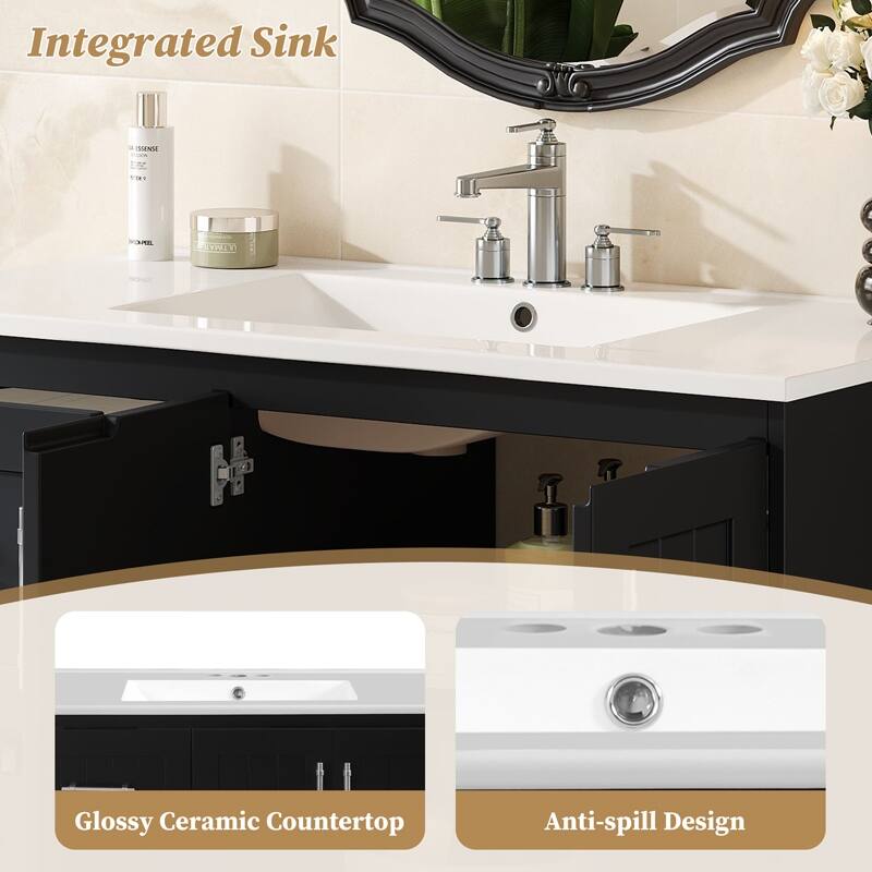 36" Wall Mounted Bathroom Vanity with 2 Drawers, Floating Vanity with Ceramic Sink & Adjustable Shelf, Modern Bathroom Storage