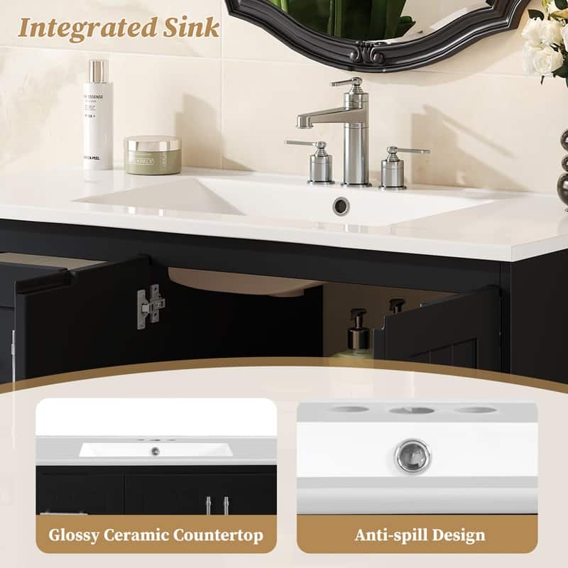 36" Wall Mounted Bathroom Vanity with Ceramic Sink, 2 Drawers, Adjustable Shelf and Floating Storage Cabinet