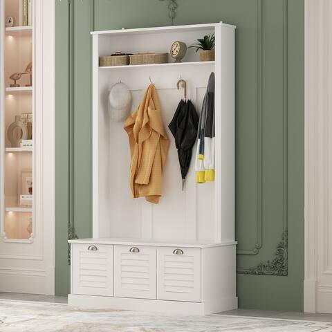 4 Cubby Wide Hall Tree With Bench & Coat Hooks White Shoe Storage