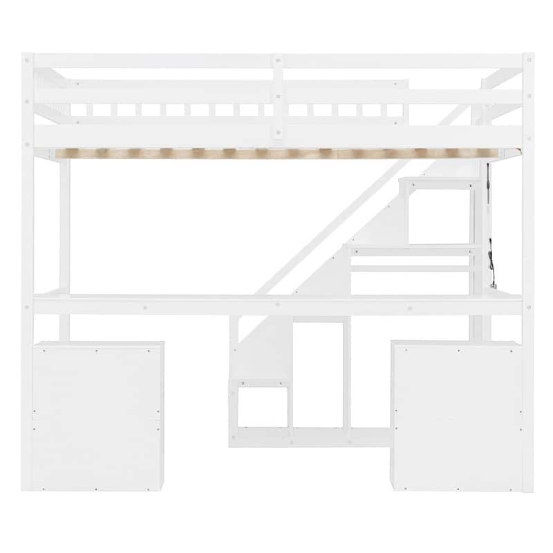 Twin/Full Size Loft Bed with Desk and Light Strip, Storage Bed Frame with Two Chest of Drawers & Clothes Hanging Rod