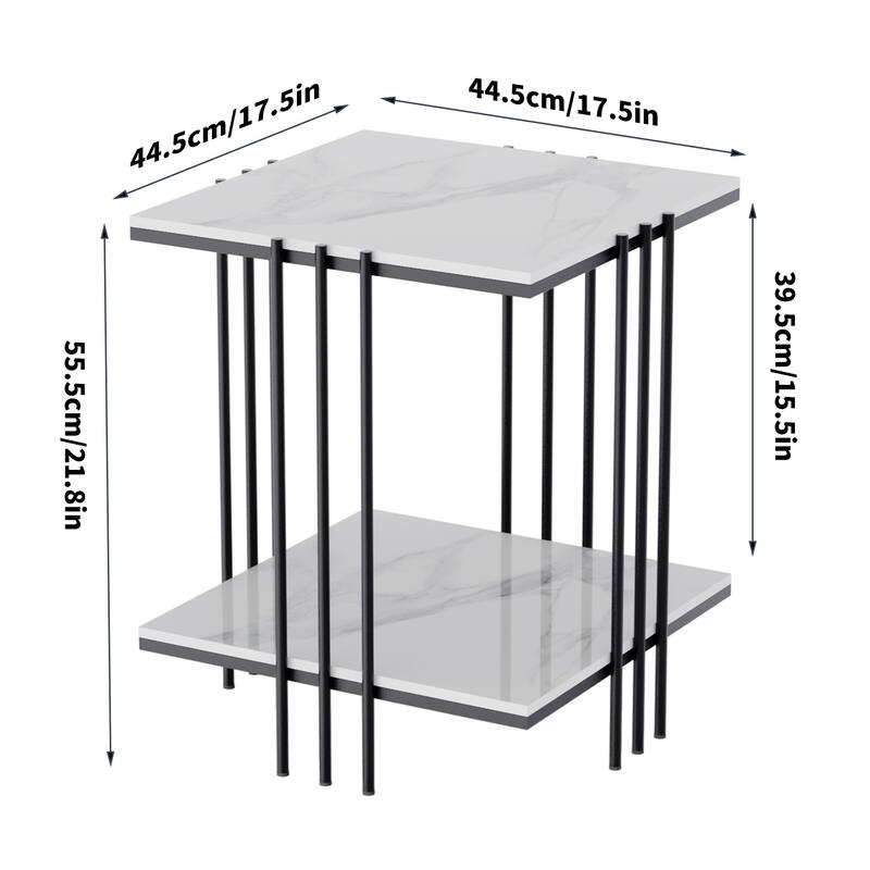 Marble Side Table End Table with Shelves with Black Frame