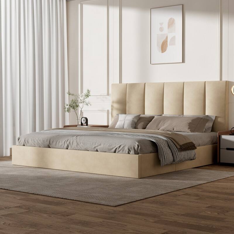 Modern Upholstered Lift-Up Storage Platform Bed with Headboard - Beige - King