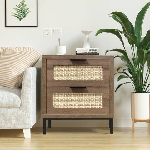 Anmytek Nightstand with 2 Rattan Drawers Modern Farmhouse Wood Bedside Table, 18.9in W X 13.8in D X 21.5in H
