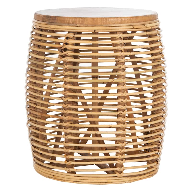 SAFAVIEH Leliana Rattan White Washed Drum Stool Accent Table - 17.7" x 17.7" x 18.9" - 18Wx18Dx19H - Natural
