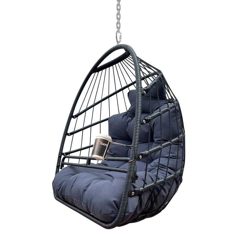 Rattan Metal Hanging Egg Chair with UV-Resistant Cushion, 350lb Capacity,and Foldable Frame for Indoor/Outdoor Use