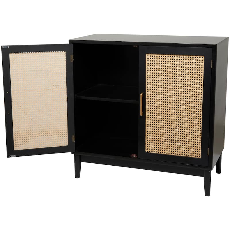 Wood 2 Door Cabinet with Beige Rattan Doors and Gold Handles - Light Brown or or Black - Roche River Decor