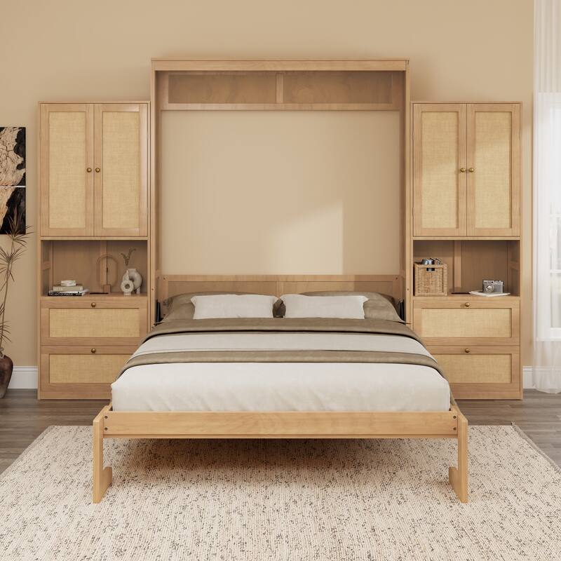 Foldable Bed Convert Cube Cabinet Rattan Murphy Bed Space-Saving Bed - Natural with 2 Cabinet - Full