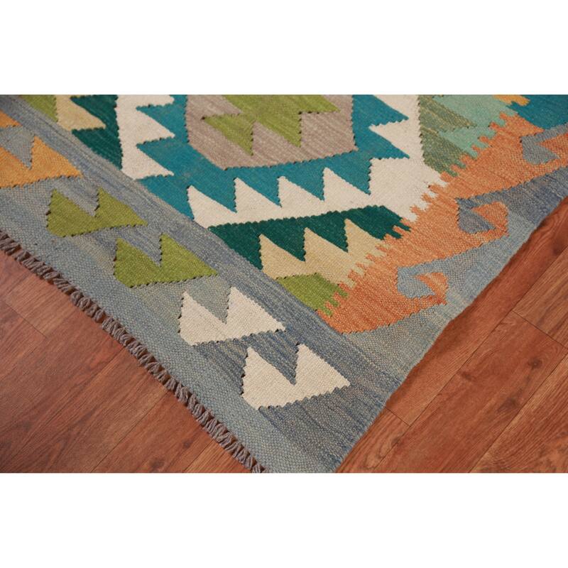 Hand Woven Oriental 100% Wool Carpet Southwestern Geometric Green Kilim Runner Rug - 13' 1'' X 2' 7''