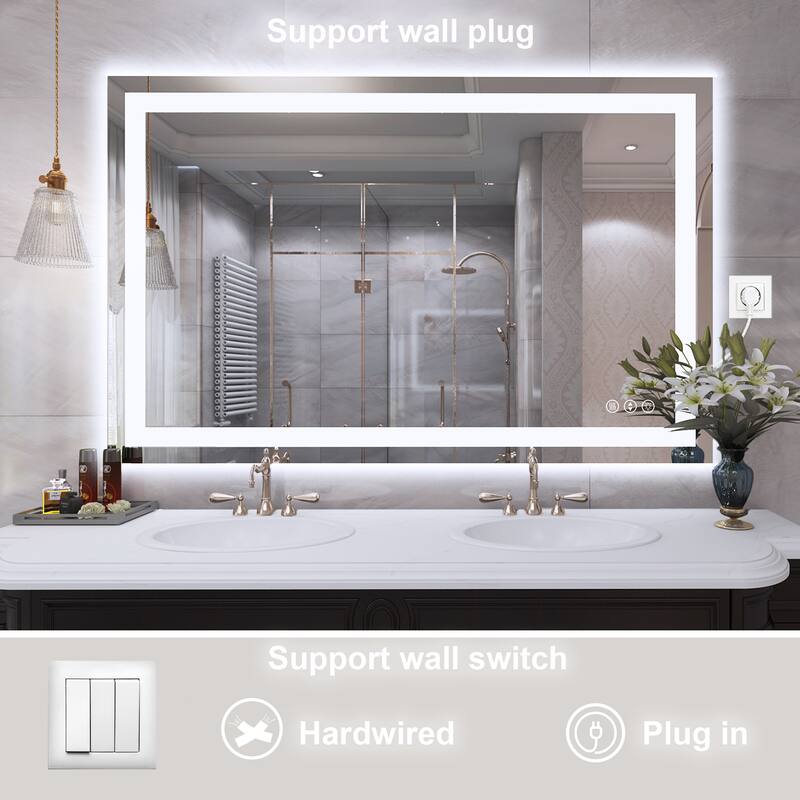 Large Rectangular Frameless Anti-Fog LED Light Wall Mounted Bathroom Vanity Mirror in White - N/A