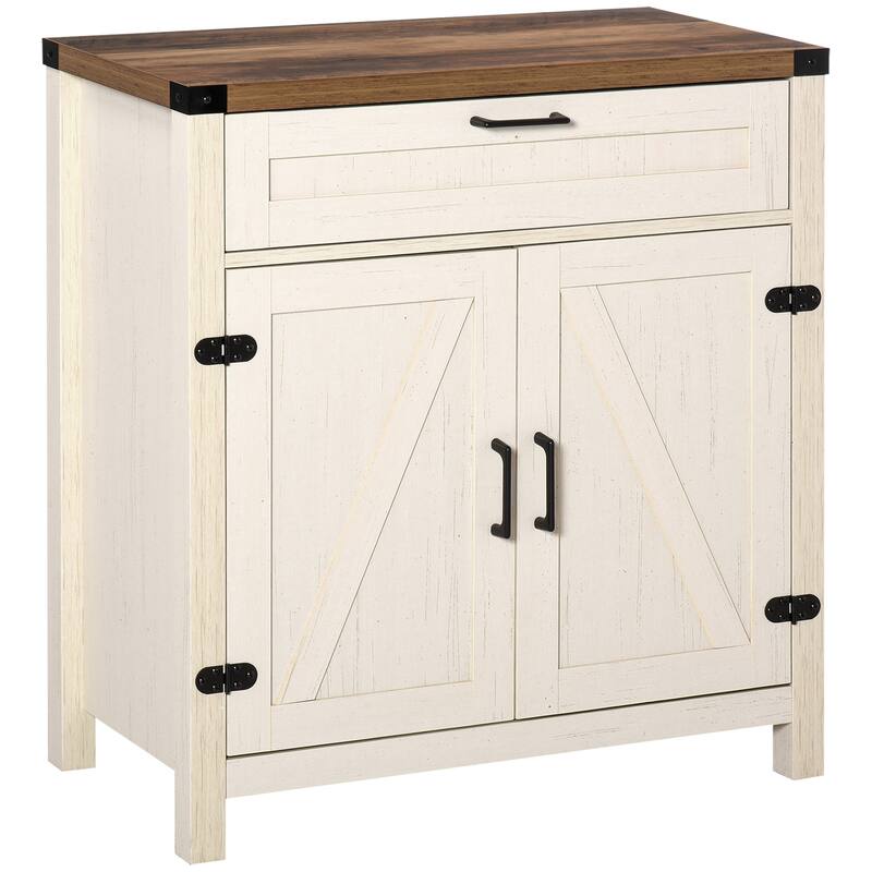 Farmhouse Sideboard Buffet Cabinet, Rustic 2 Barn Doors Kitchen Cabinet, Accent Cabinet with Storage for Living Room, White