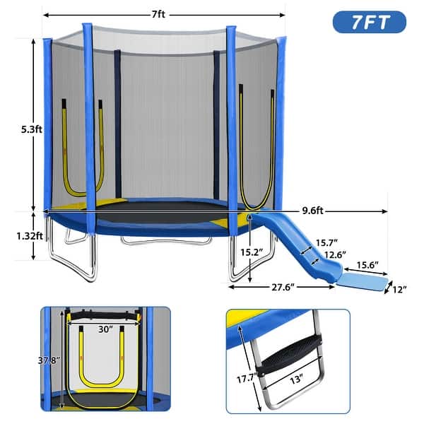 7FT Trampoline for Kids with Safety Enclosure Net, Slide and Ladder, Round Outdoor Recreational Trampoline