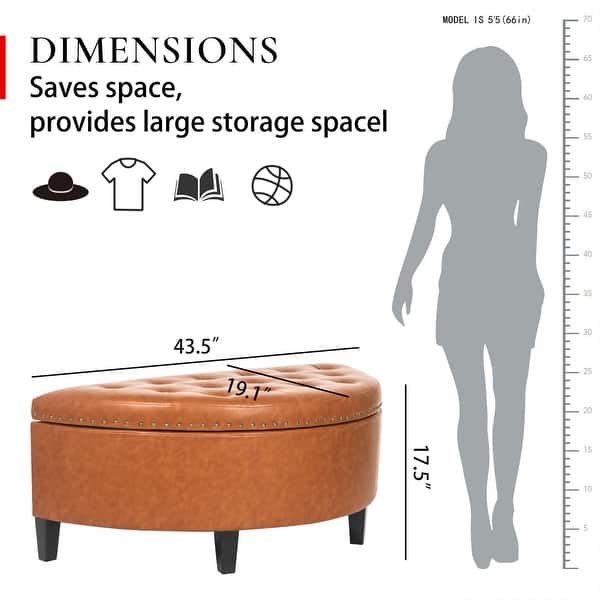 dimension image slide 2 of 8, Adeco Half Moon Storage Ottoman Semi Circle Bench