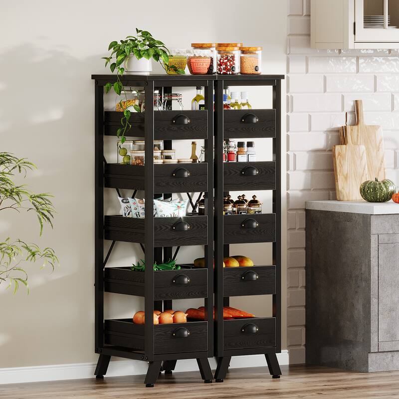 5-Tier Fruit Vegetable Storage Rack, Narrow Snack Stand Fruit Basket - Black(2PC)