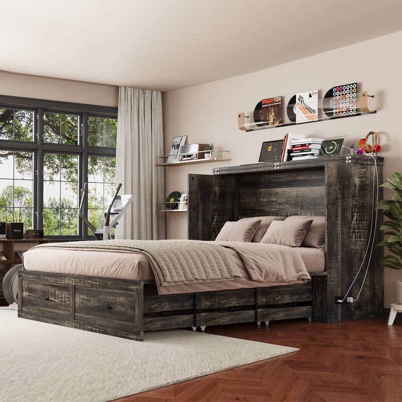 Queen Murphy Bed with Charging Station & Large Storage Drawer, Farmhouse Cabinet Hideaway Bed for Guest Room