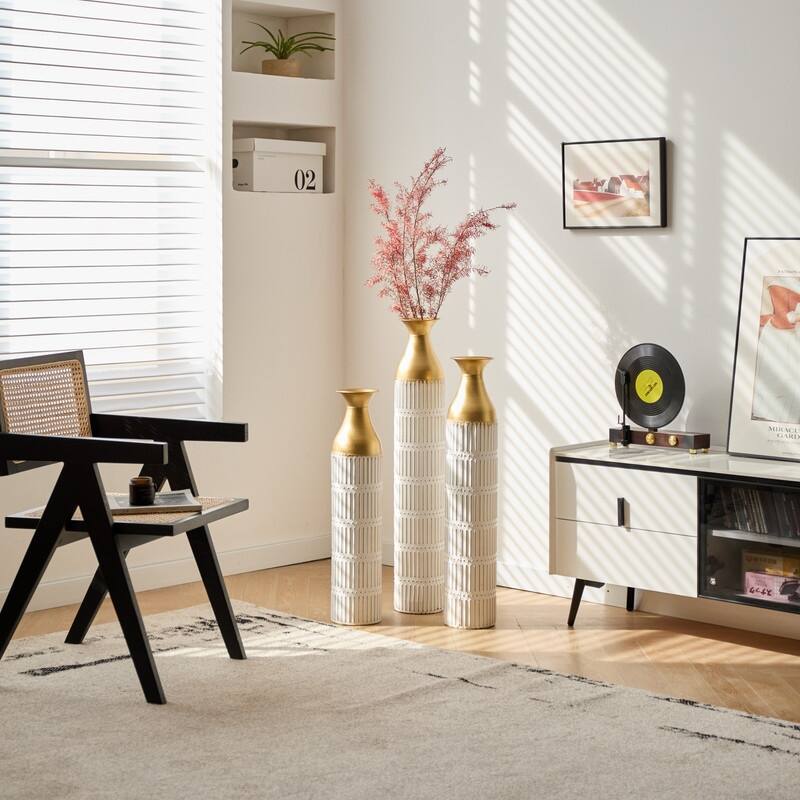 Set of 3 Tall White & Gold Metal Cylinder Vases - Glam Geometric Floor Vases for Modern Home Decor (24", 28.7", 33.4" Heights)