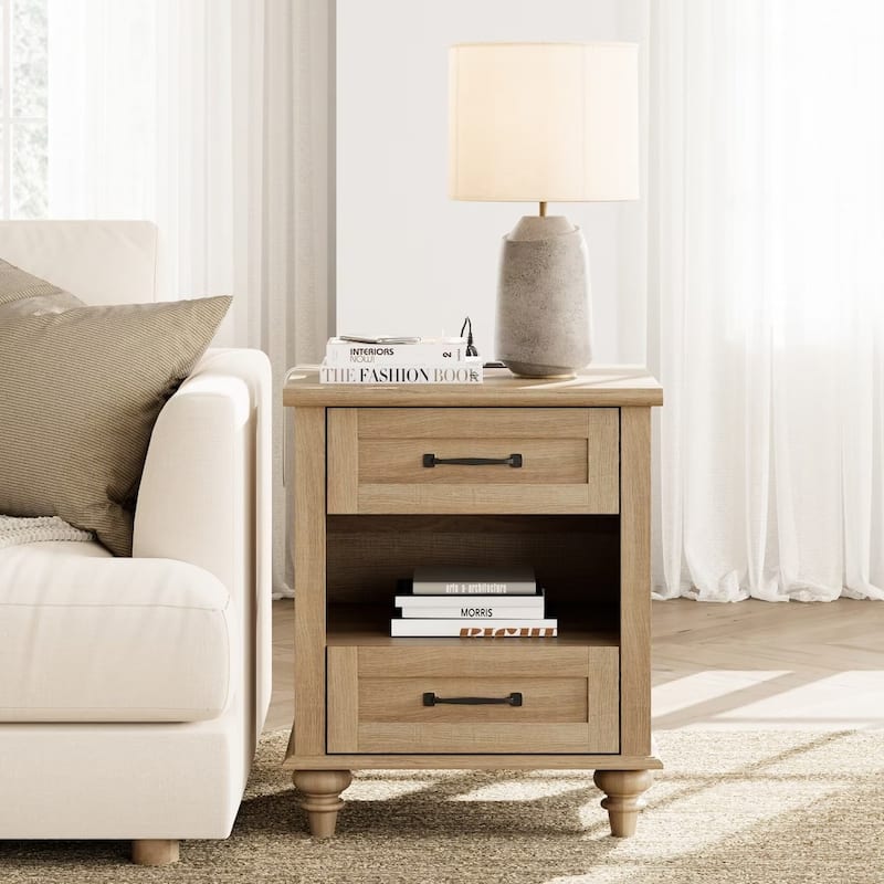 Farmhouse Nightstand Bedside Table, Wood 2-Drawer Side Table