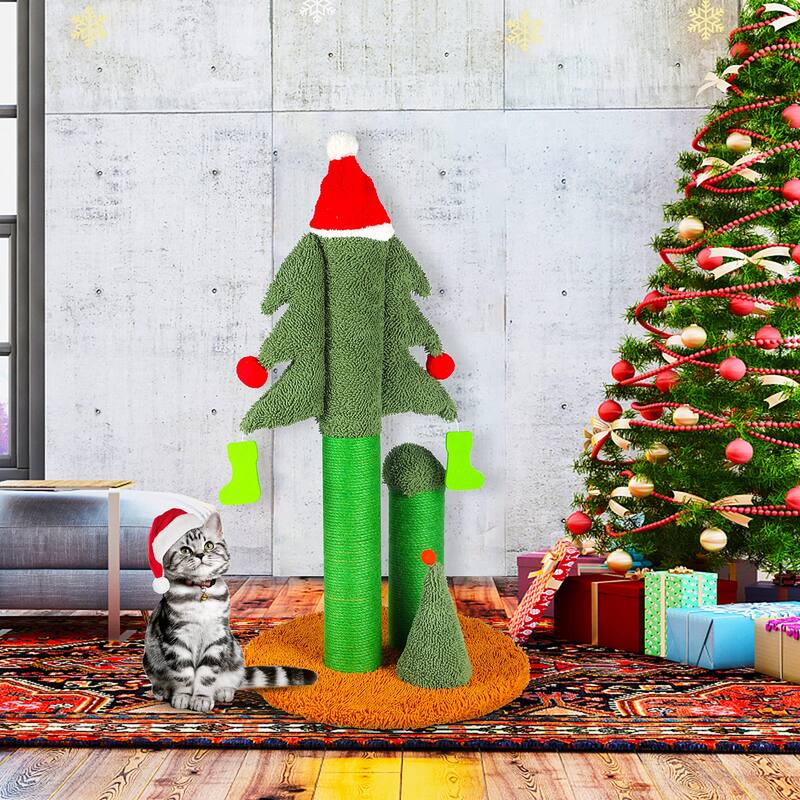 CUSchoice 32" Christmas Tree Cat Scratcher with 3 Posts & Teaser Balls - 32' - Green - 2.5 Foot