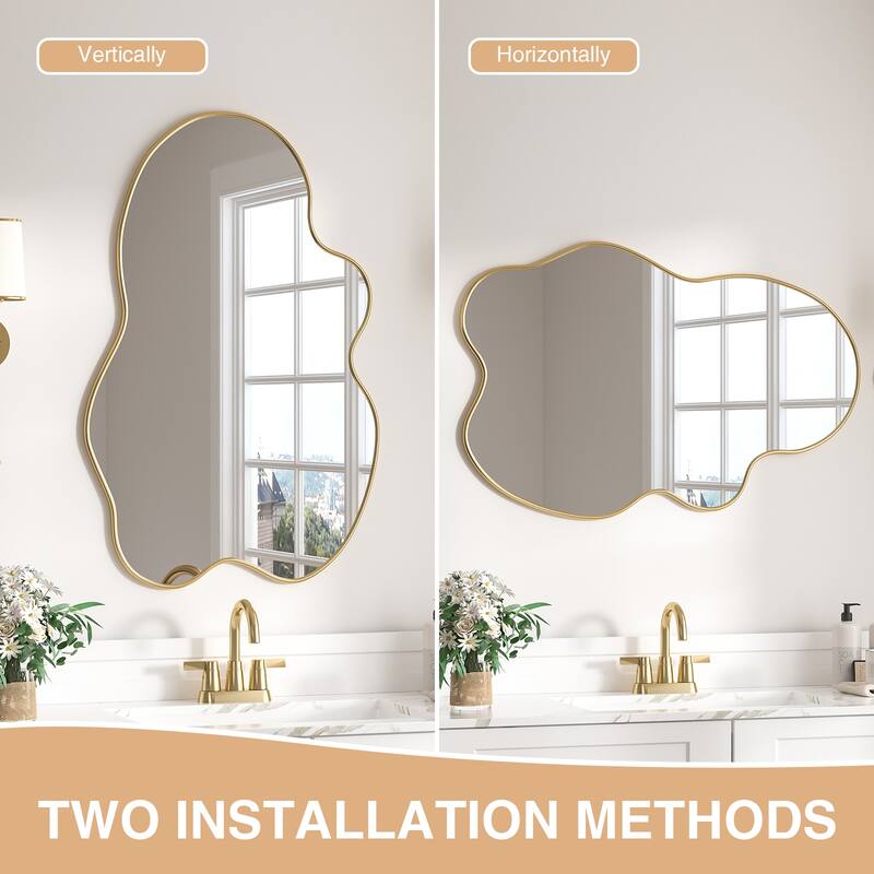 Anmytek Modern Gold Irregular Asymmetrical Wall Mirror - 35.4"x23.6" Decorative Mirror for Bathroom, Living Room, Bedroom