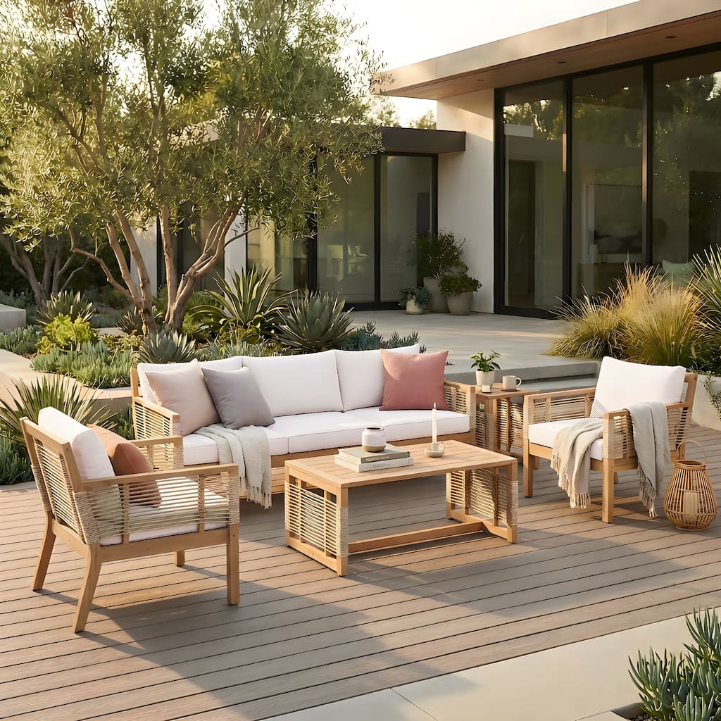 Roomfitters 5-Piece Patio Sofa Set, Modern Rope Weave Outdoor Furniture, 3-Seater Sofa, 2 Armchairs and 2 Tables, Teak+Beige