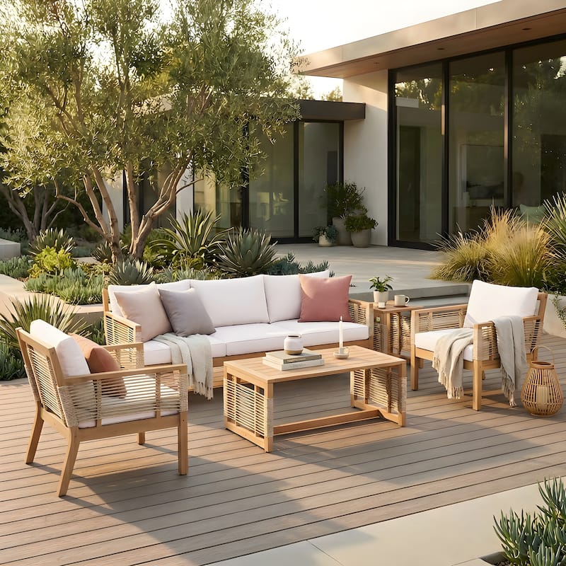 Roomfitters 5-Piece Patio Sofa Set, Modern Rope Weave Outdoor Furniture, 3-Seater Sofa, 2 Armchairs and 2 Tables, Teak+Beige - Teak+ Beige