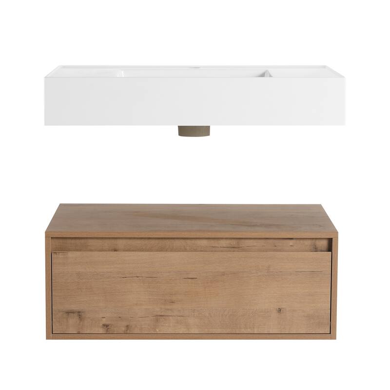 Wall-Mounted Bathroom Vanity with Single Resin Sink, Soft-Close Drawer, Floating Design in Imitative Oak Finish