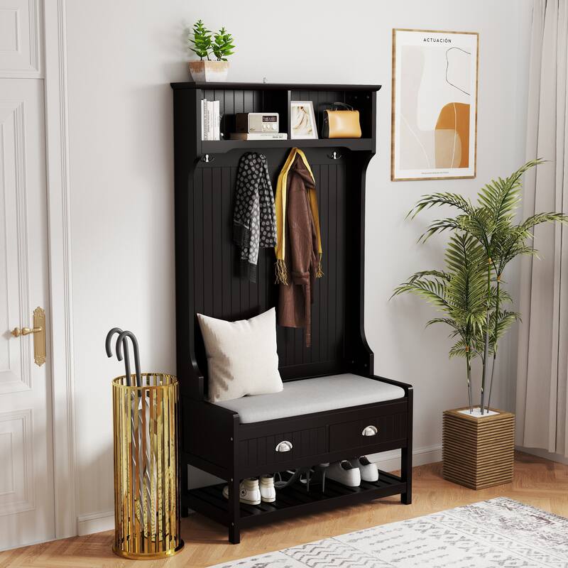 3-in-1 Hallway Hall Tree with 2 Storage Drawer and 4 Coat Rack,Shoe Rack Bench with Padded Seat Cushion,with Top Storage Shelf