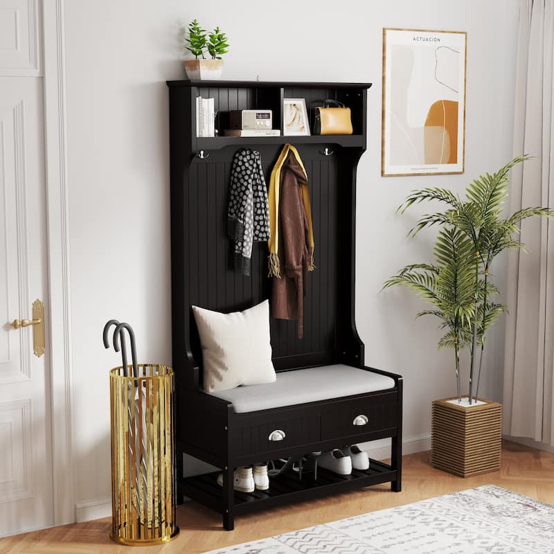 3-in-1 Hallway Hall Tree with 2 Storage Drawers, 4 Coat Hooks, and Padded Seat Cushion
