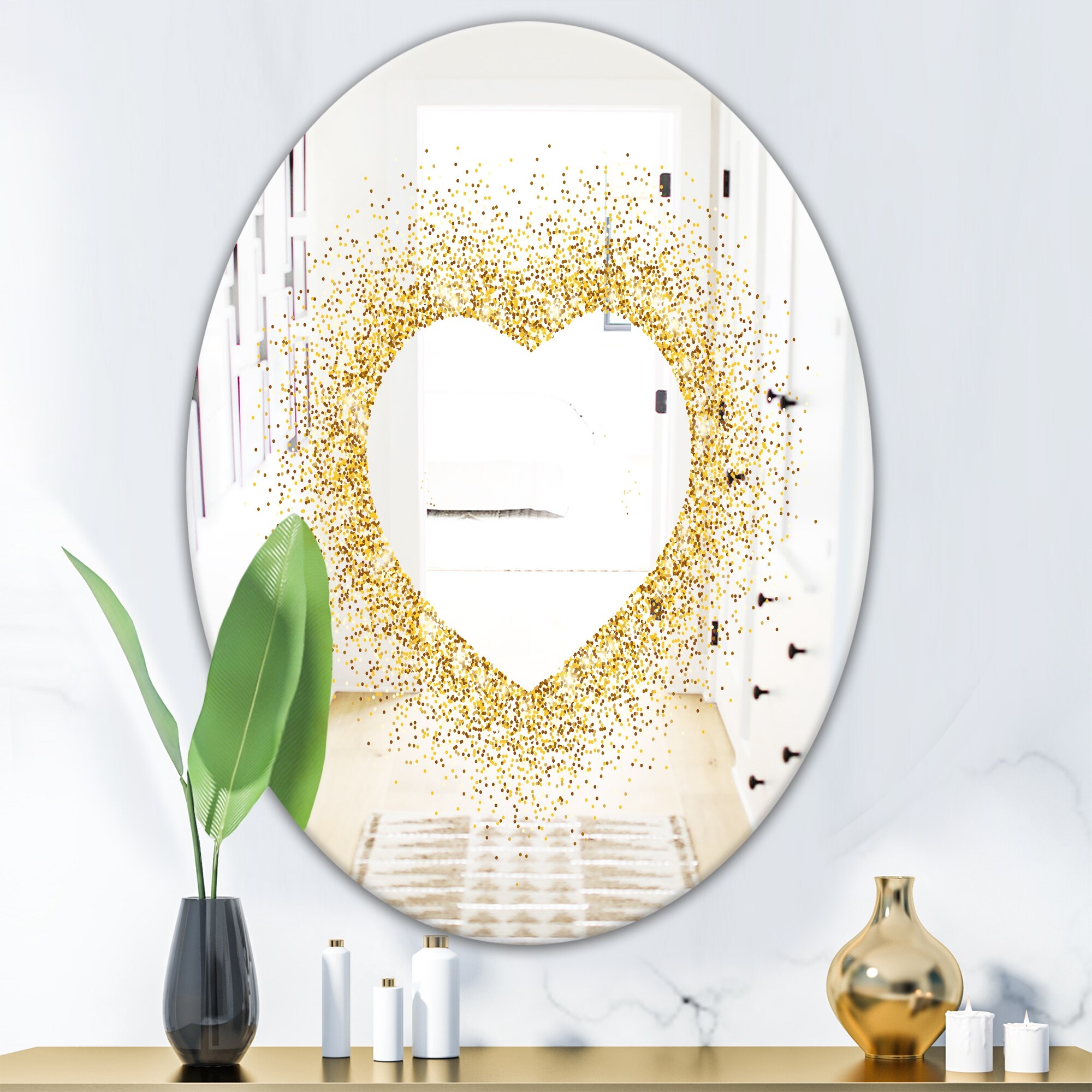 Designart Golden Glitter Heart Printed Glam Oval or Round Accent or Vanity Mirror 24in.x24in