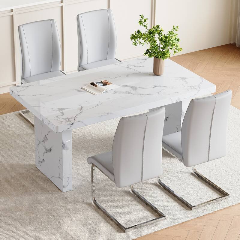 5 Piece Rectangular Dining Table Set, Modern 63" Imitation Marble Dining Table w/ 4 PU Upholstered Chair for Kitchen
