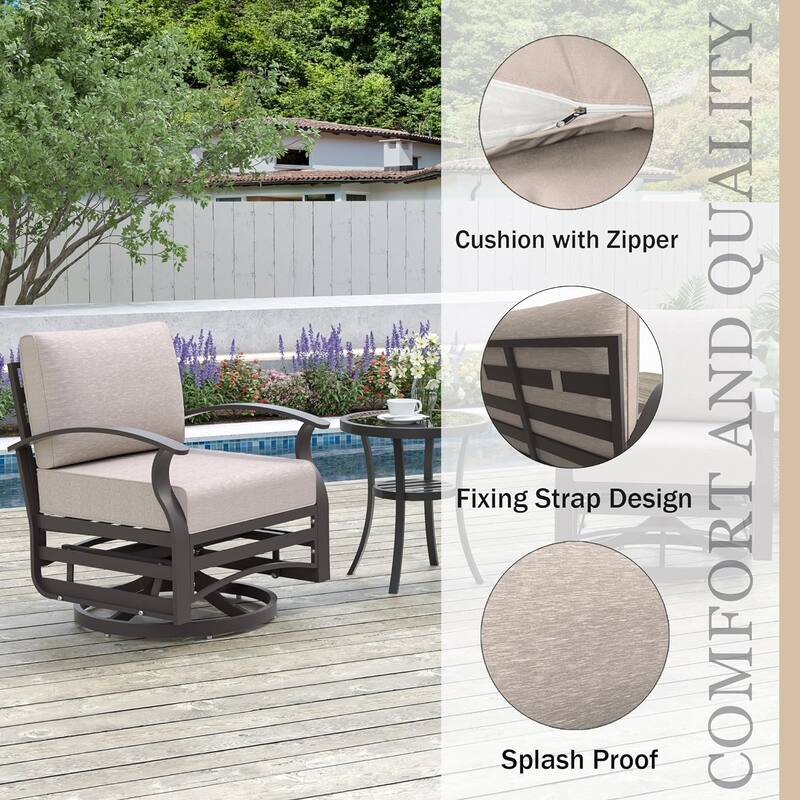 Kullavik 3Pcs Aluminum Rocking Chair Swivel Chairs Set with Glass Top Table & 5" Thick Cushion