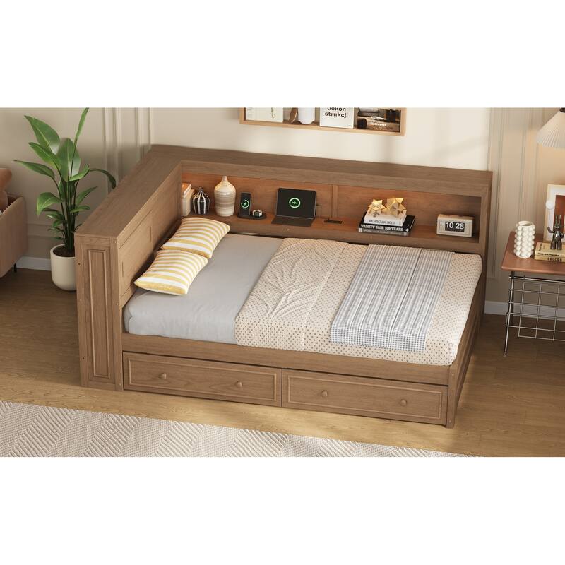 Full Size Wood Daybed with Storage Shelves, USB, LED, and 2 Drawers